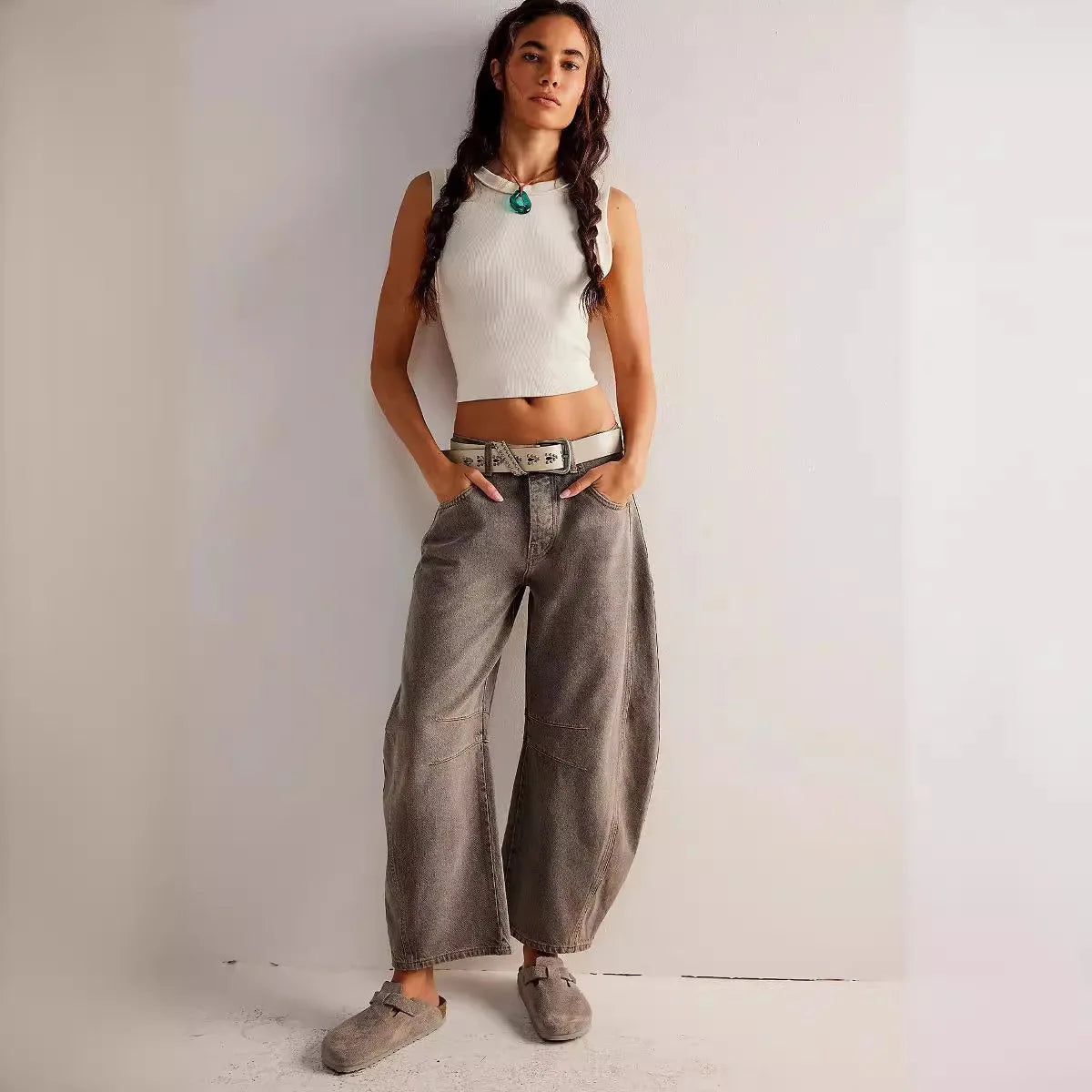 Women's Cotton Denim Barrel Jeans Cropped