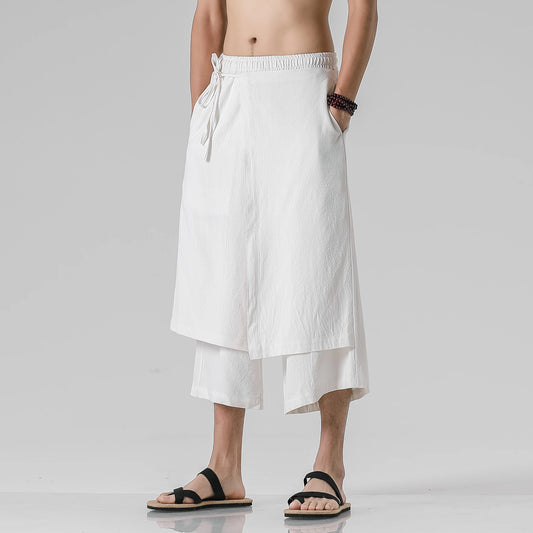 Men's Casual Wide Leg Cropped Cotton  Linen Vintage Pants