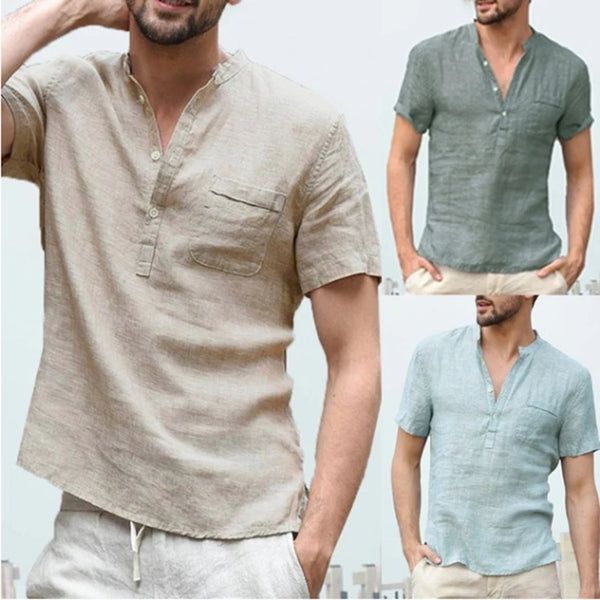 Men's Cotton Linen Casual Short Sleeve Shirt -  Solid Color Tops