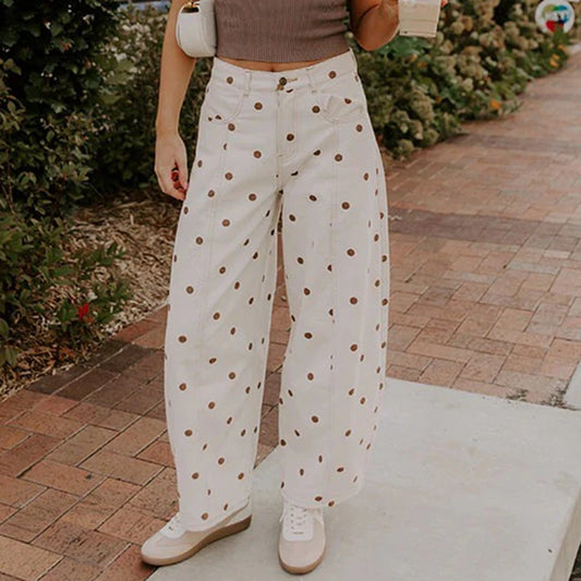 Women's Dot Print Barrel Jeans - Relaxed Denim Pants