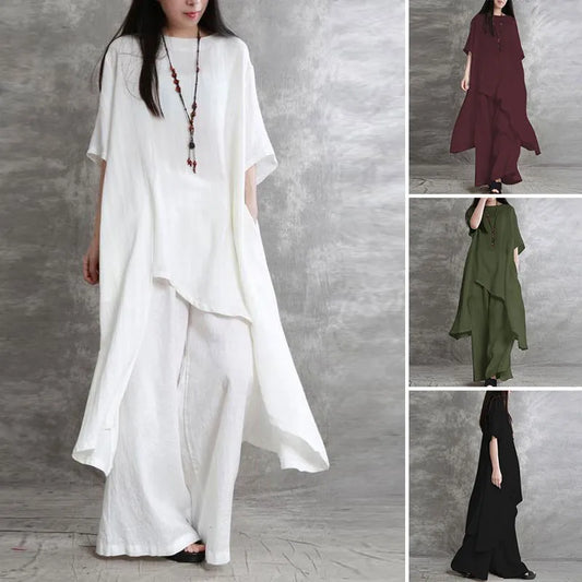 Women's Asymetrical Relaxed 2-Piece Sets - Casual Wide Leg Pants Suit