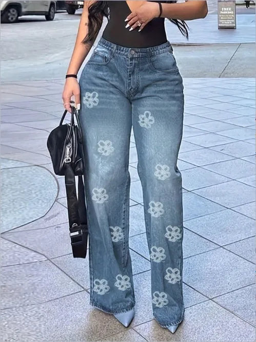 Women's Floral Print High Waist Jeans