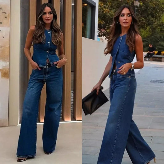 Effortless 2 Piece Women Denim Wide Leg Pants Suit