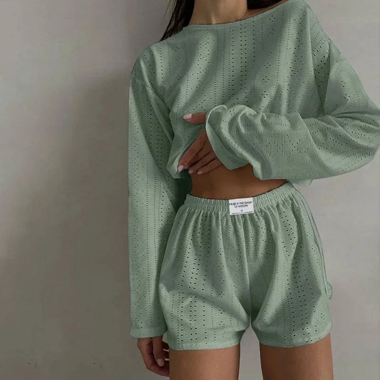 Women's Pajamas Long Sleeve Top With Shorts Lounge Wear 2 Piece Set