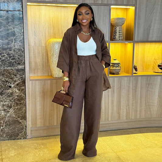 Two Piece Loungwear Cotton/Linen Relaxed Fit Pant Set