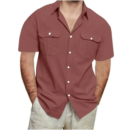 Men's Short Sleeve Button-Down Shirt with Dual Pockets