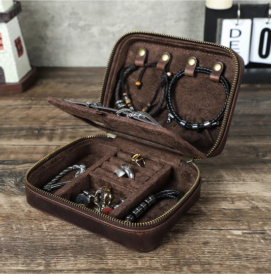 Vintage Genuine Leather Jewelry Box - Travel Storage Case