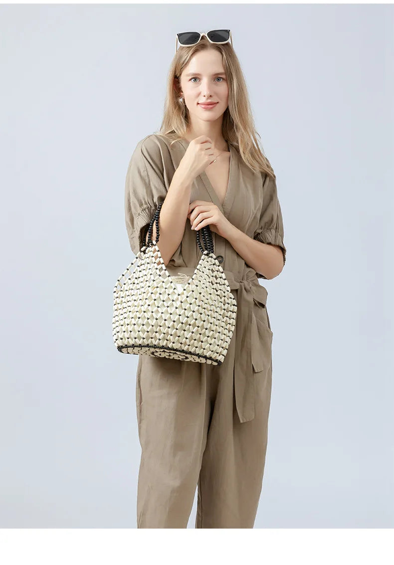 Simple Wooden Bead Handbag - Versatile Summer  Women's Shoulder Bags