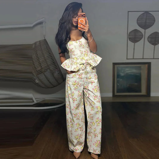 Wildflower Cotton Peplum & Wide-Leg Pant Set